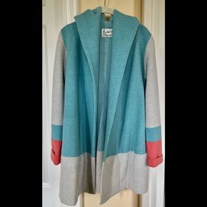 Multi color, size small, open cardigan with hood.